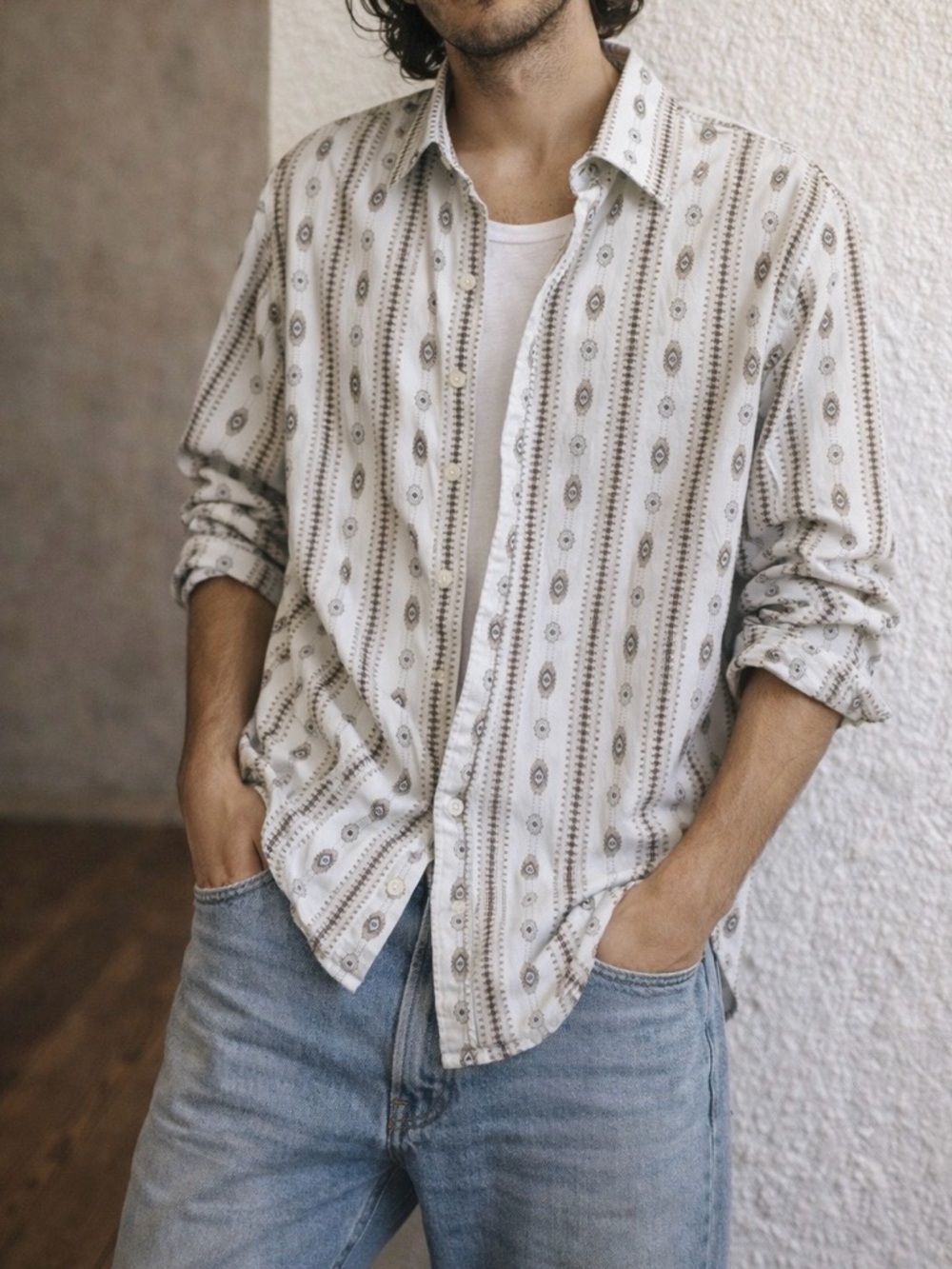 Guess Men’s Shirt Large White southwestern Geometric Button Up Long Sleeve
